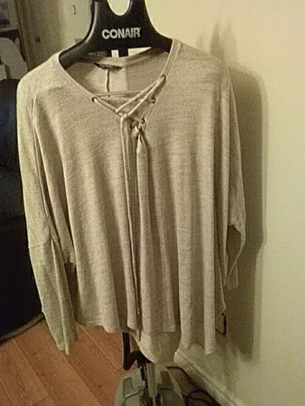 George Light Gray Lace-Up Long Sleeve Sweater 2X